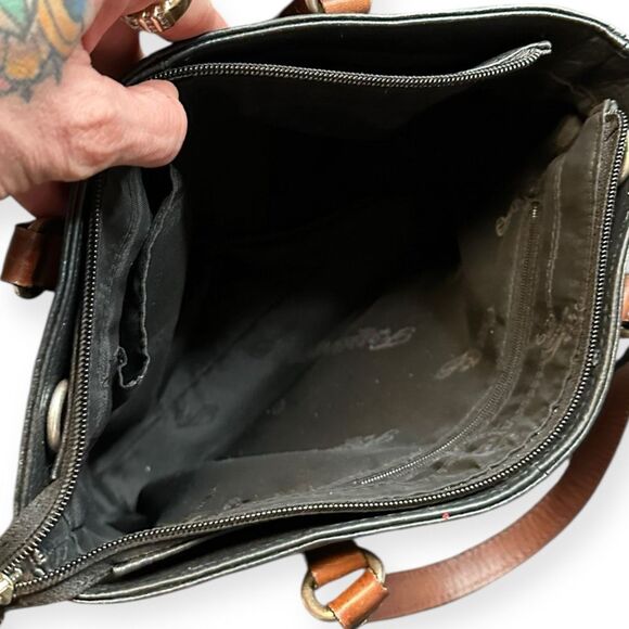 VINTAGE FOSSIL Women’s Black Whipstitch Pebbled Leather Tote Bag with Brown Hand - Picture 6 of 6